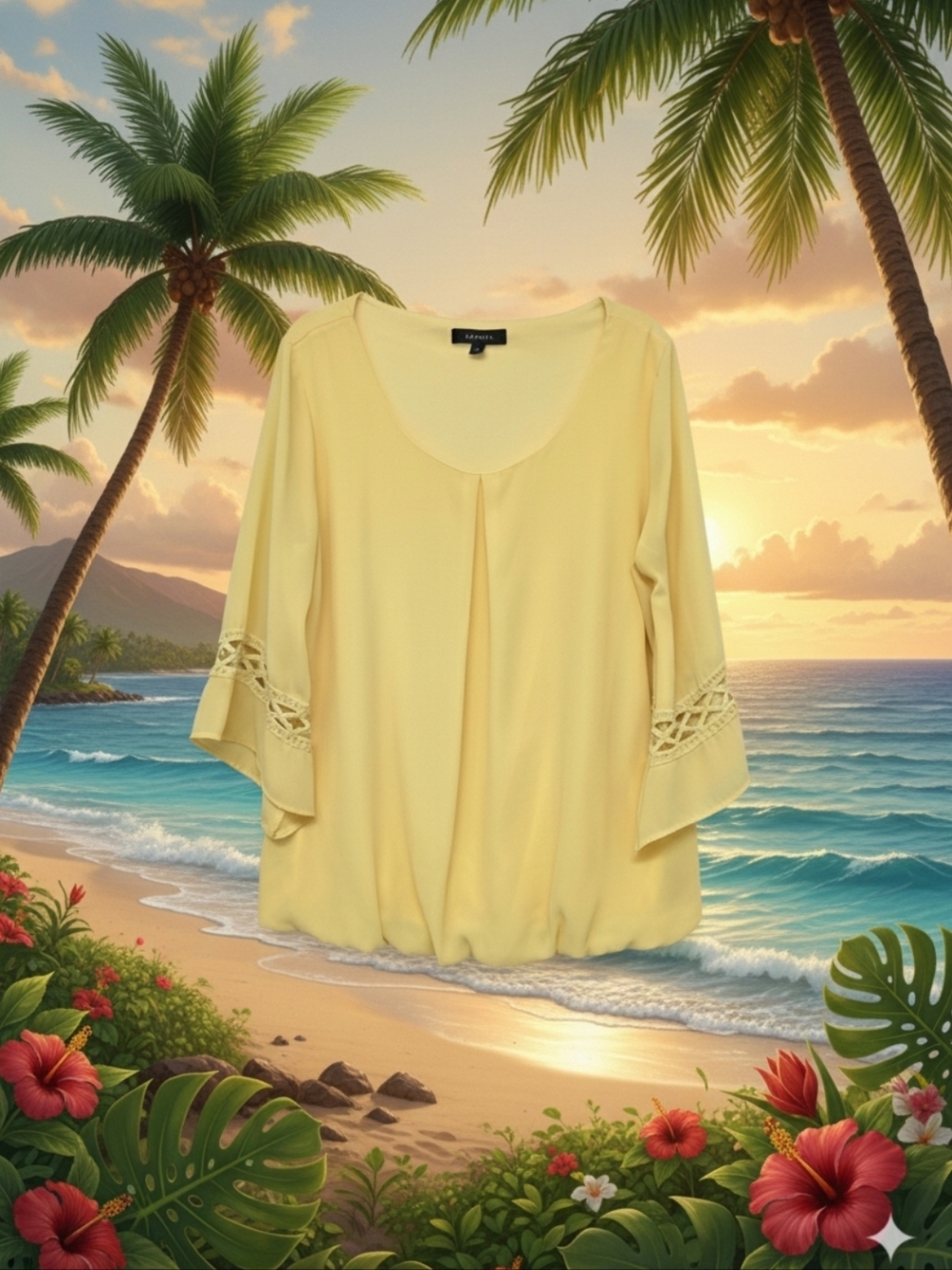 CORVIA*SUNNY YELLOW BLOUSON BLOUSE W/CROTCHET LACE & INVERTED PLEAT*SIZE: L